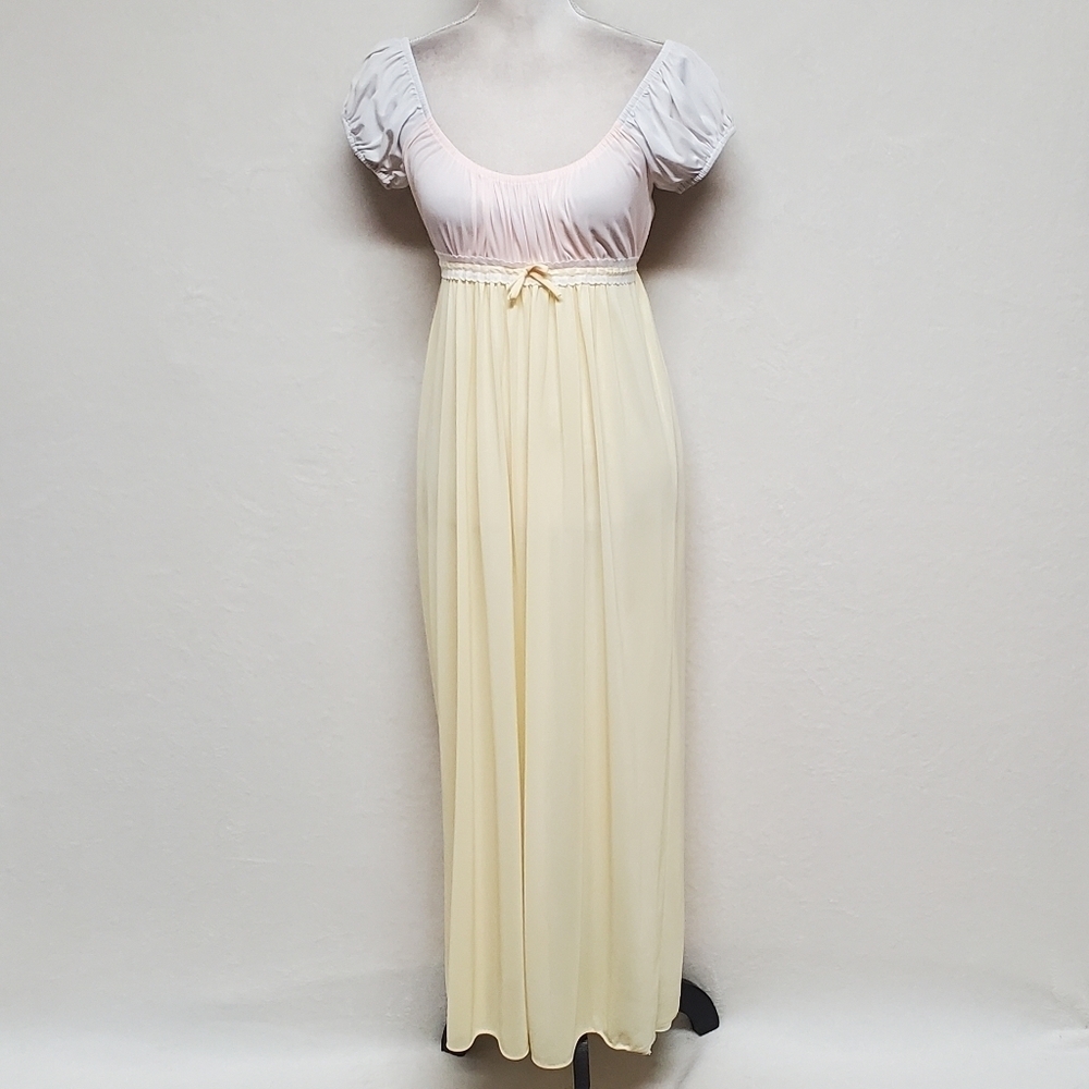 1960s Vintage Jrs by Barad Regencycore Pink Yellow Off-Shoulder Lace Nightgown - Picture 4 of 16